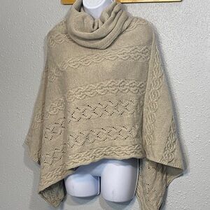 Wool/Cashmere Elegant Cowl Neck Cable Knit Poncho - Oatmeal From Italy